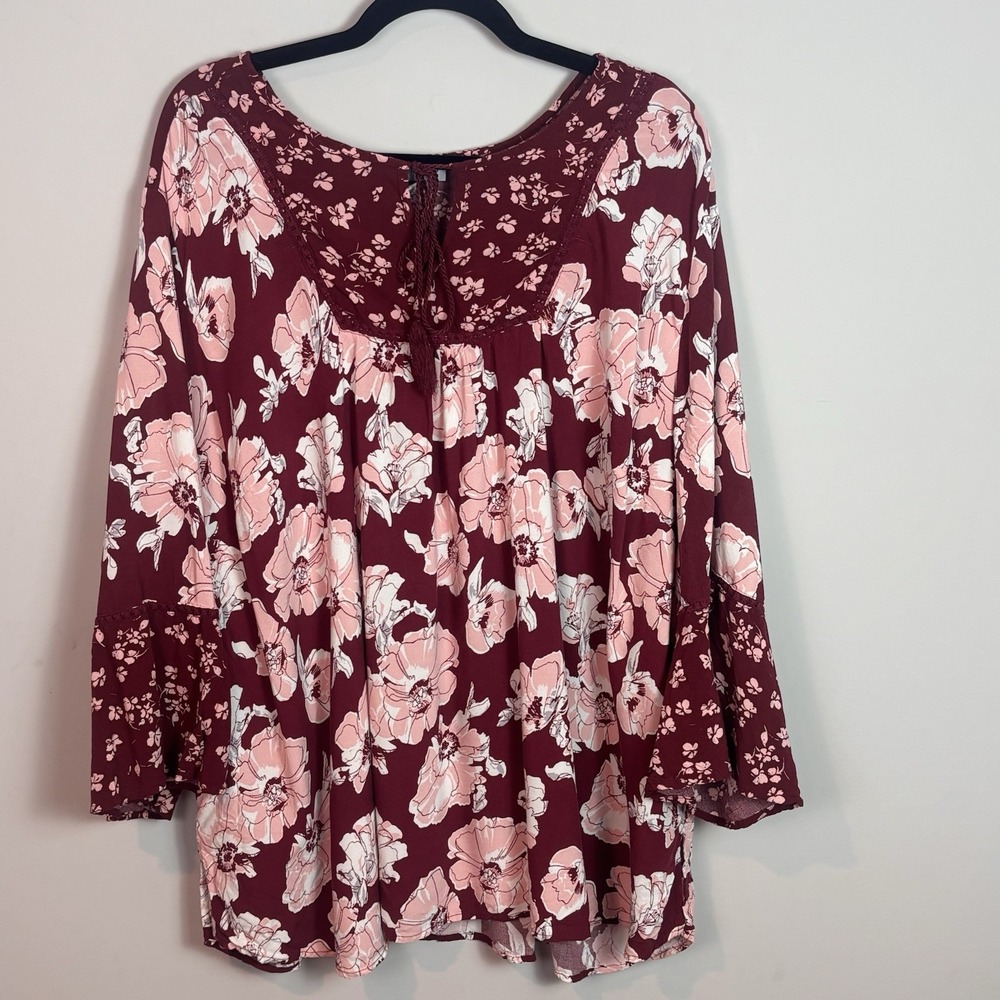 Catherines Women's Pink Floral Boho Peasant Bell Sleeve Blouse SZ 3X Tasseled